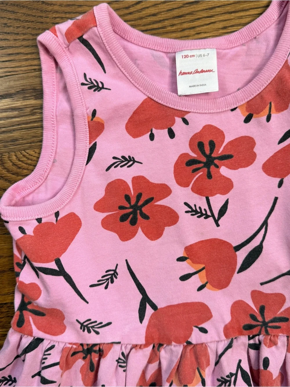 Hanna Andersson Girls Poppy Pink Pocket Dress with Red/ Orange Floral Print 6-7